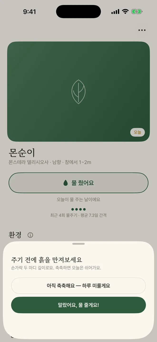 주기 전에 흙을 만져보세요 — 아직 축축해요, 말랐어요 두 버튼